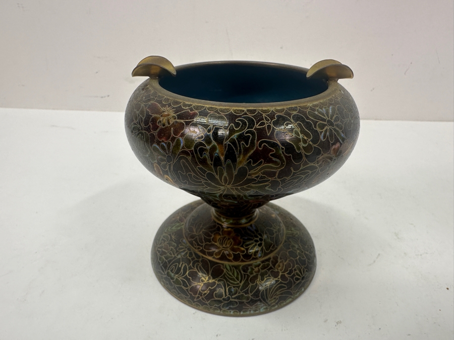 Vintage Chinese Cloisonné Lidded Tobacco Jar and Ashtray Set With Detailed Floral Patterns 3.75'H and 6.5'H [Photo 10]