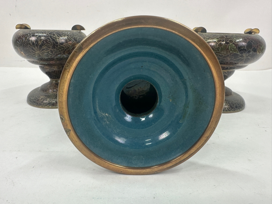 Vintage Chinese Cloisonné Lidded Tobacco Jar and Ashtray Set With Detailed Floral Patterns 3.75'H and 6.5'H [Photo 8]