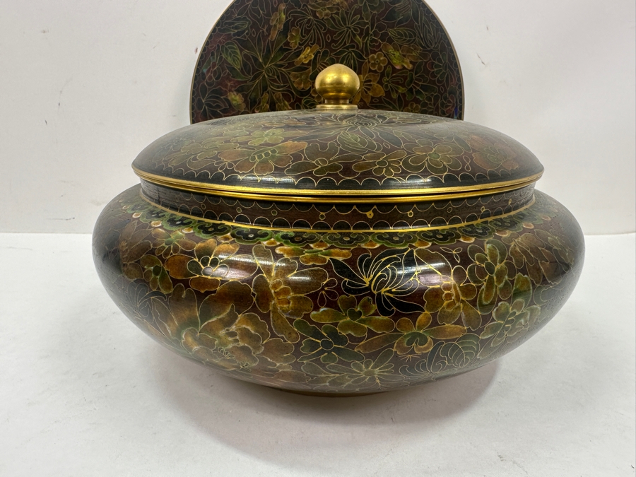 Vintage Chinese Cloisonné Floral Covered Bowl 10'W x 6'H And 9' Plate [Photo 3]