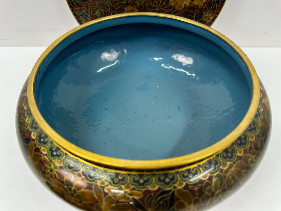 Vintage Chinese Cloisonné Floral Covered Bowl 10'W x 6'H And 9' Plate [Photo 7]