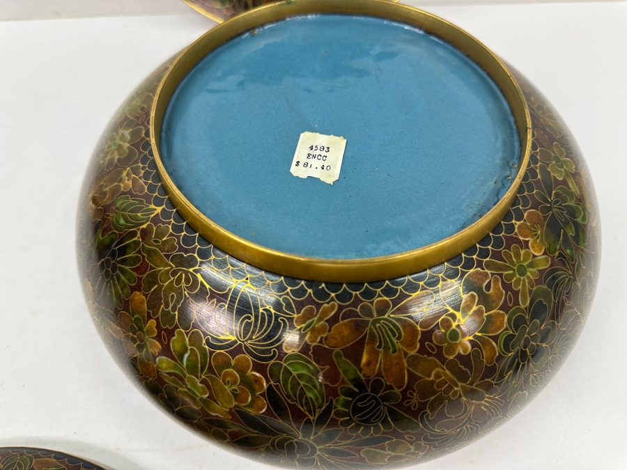 Vintage Chinese Cloisonné Floral Covered Bowl 10'W x 6'H And 9' Plate [Photo 8]