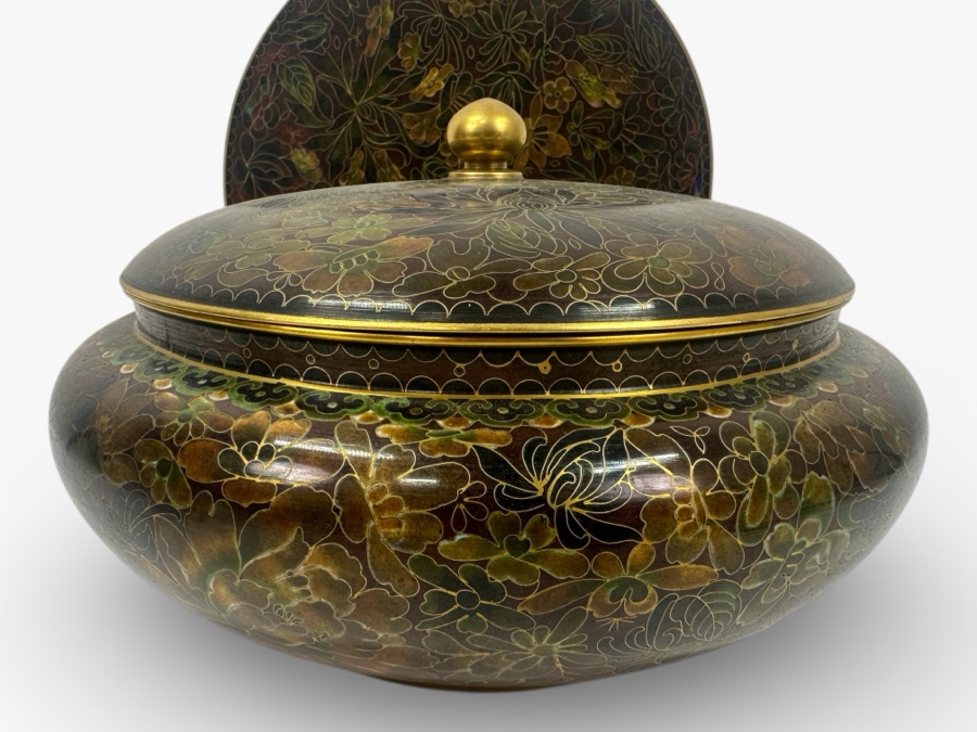 Vintage Chinese Cloisonné Floral Covered Bowl 10'W x 6'H And 9' Plate