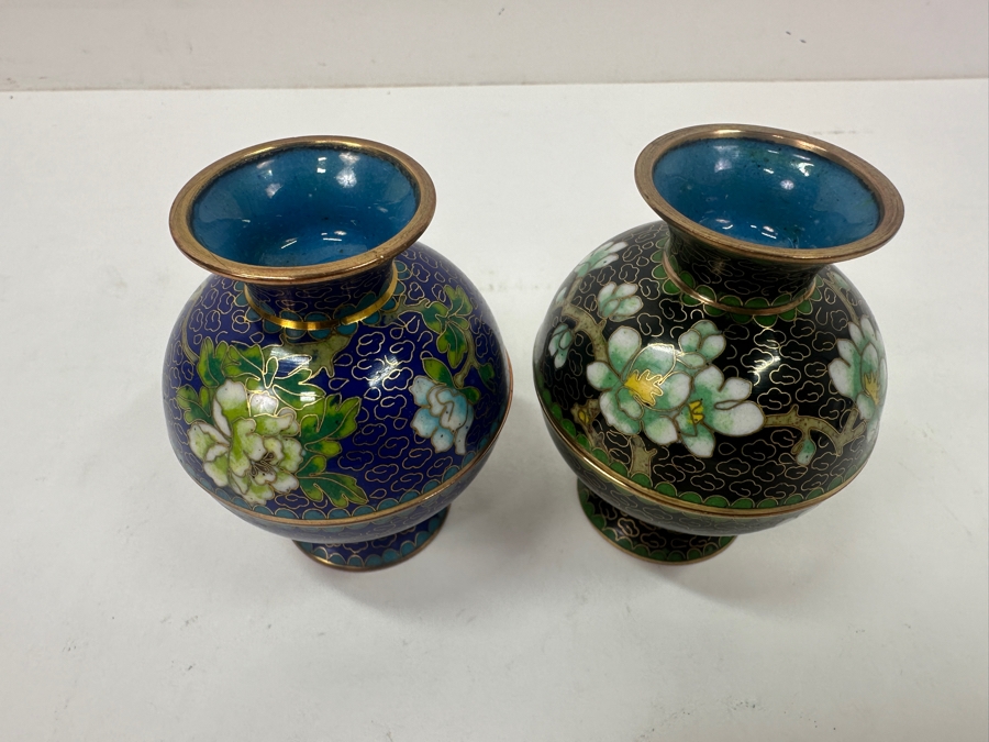 Pair Of Vintage Chinese Cloisonné Lidded Trinket Boxes 3'H [Photo 3]