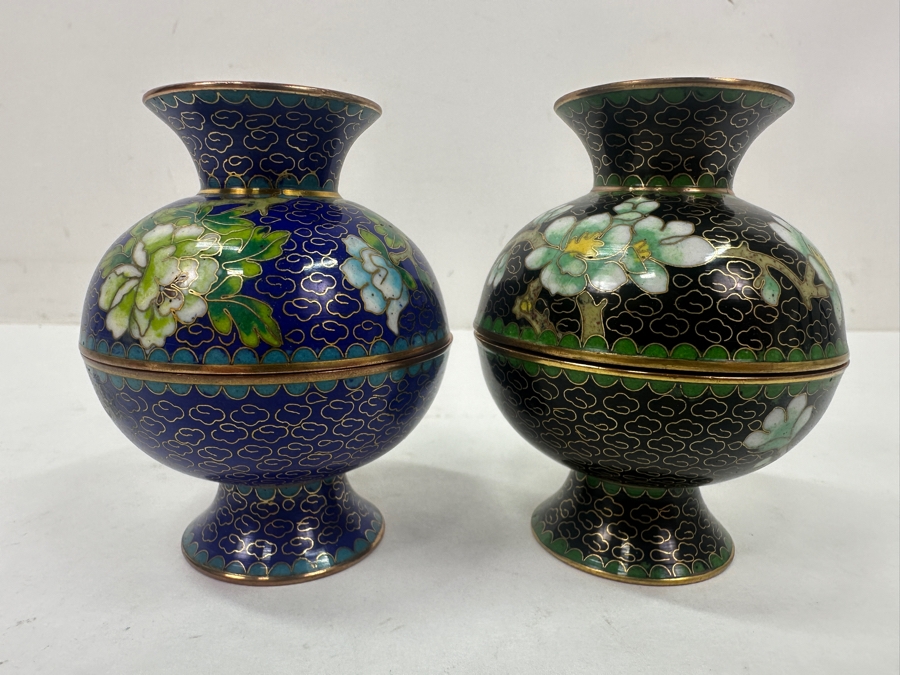Pair Of Vintage Chinese Cloisonné Lidded Trinket Boxes 3'H [Photo 2]
