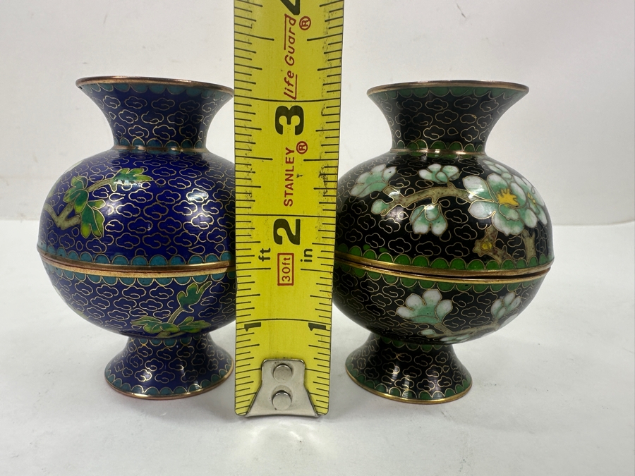 Pair Of Vintage Chinese Cloisonné Lidded Trinket Boxes 3'H [Photo 6]