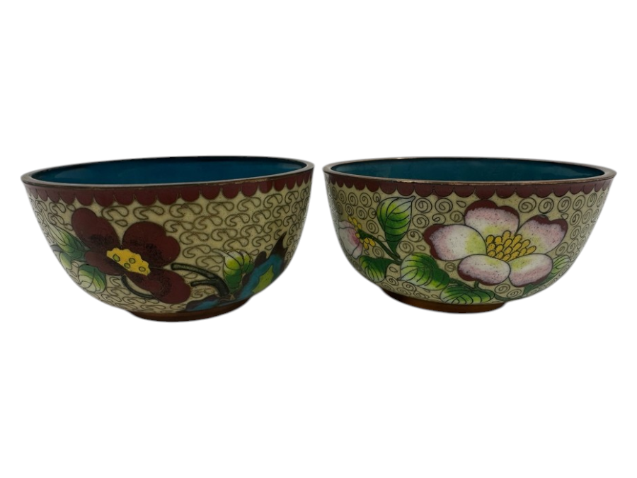 Two Vintage Cloisonné Bowls With Floral Designs 4.5'W x 2.25'H