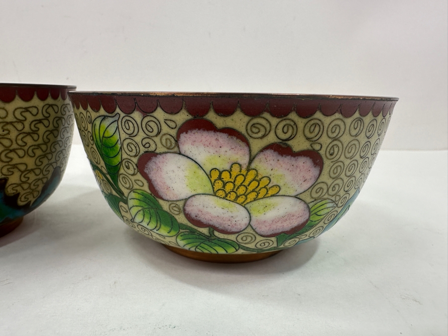Two Vintage Cloisonné Bowls With Floral Designs 4.5'W x 2.25'H [Photo 2]