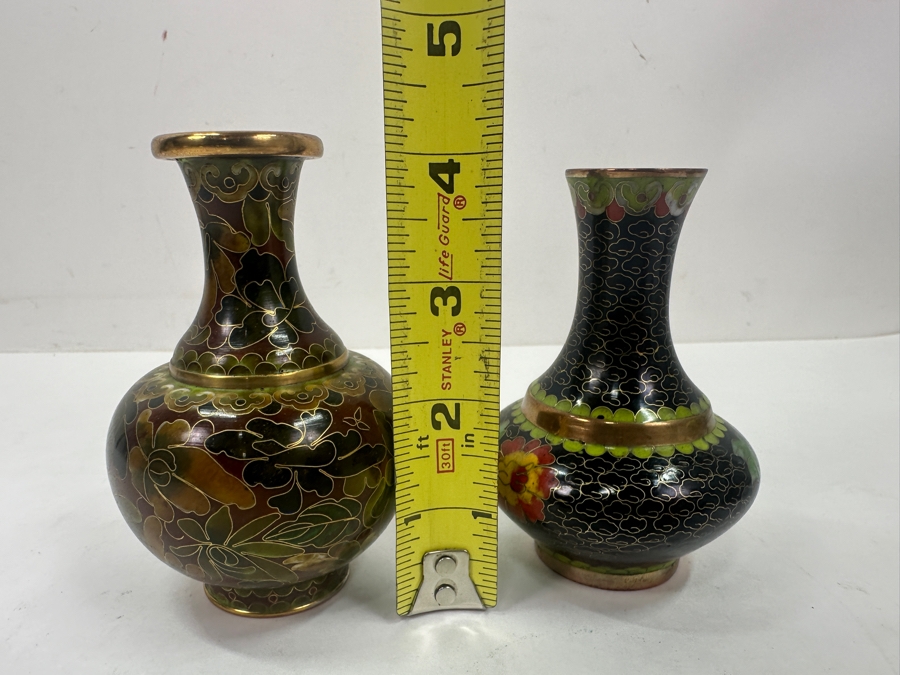 Two Vintage Chinese Cloisonné Bud Vases With Floral Designs 4'H [Photo 7]