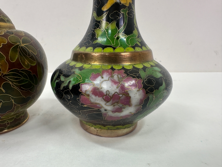 Two Vintage Chinese Cloisonné Bud Vases With Floral Designs 4'H [Photo 3]