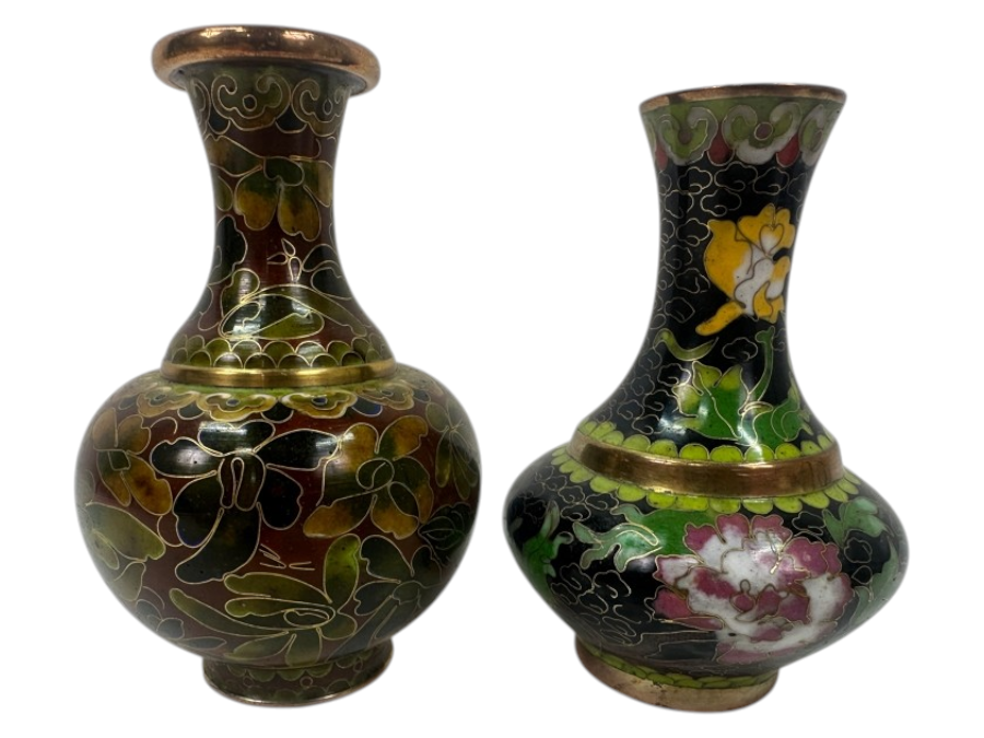 Two Vintage Chinese Cloisonné Bud Vases With Floral Designs 4'H