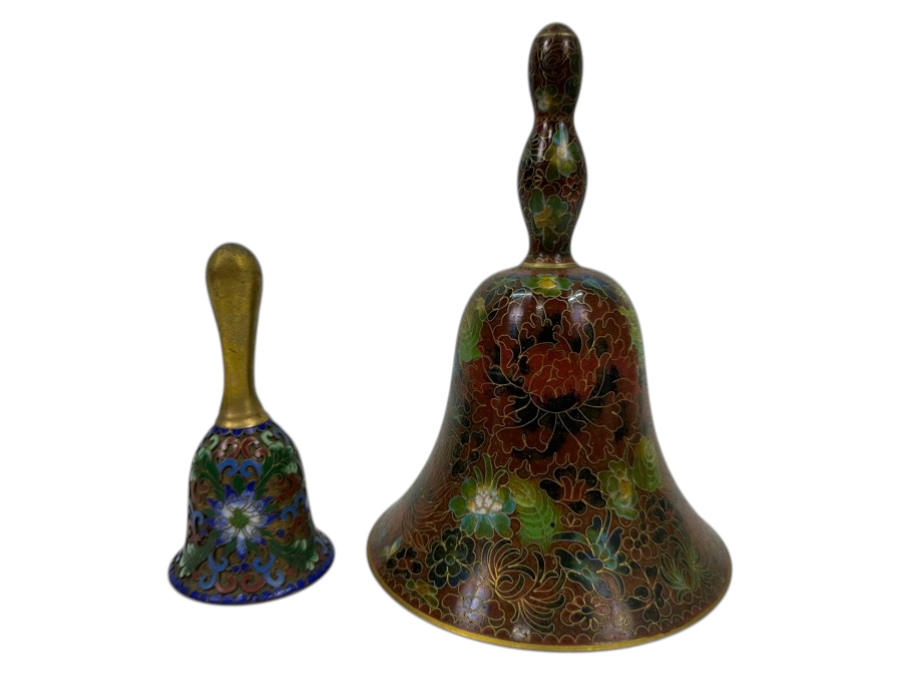 Pair of (2) Vintage Chinese Cloisonné Bells with Floral Designs 4.5'H and 6'H