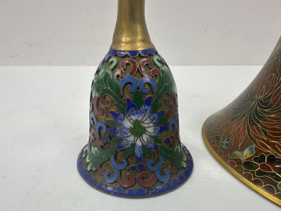 Pair of (2) Vintage Chinese Cloisonné Bells with Floral Designs 4.5'H and 6'H [Photo 4]