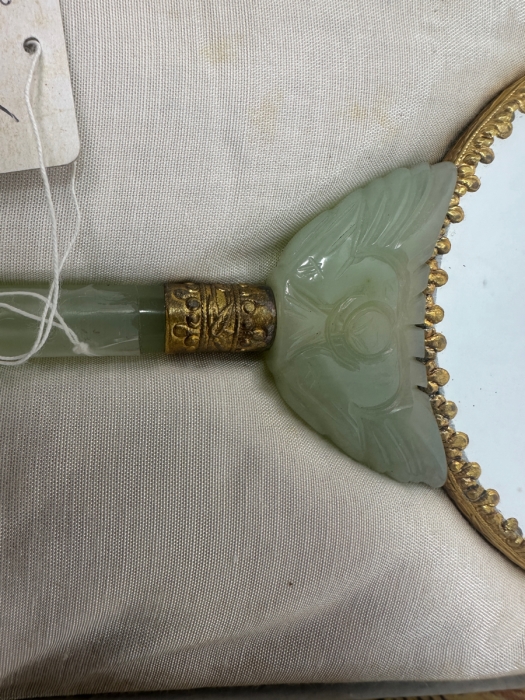Vintage Chinese Hand Mirror with Repoussé Enamel Dragon Design and Carved Jade Handle  [Photo 5]