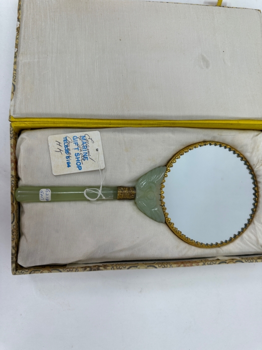 Vintage Chinese Hand Mirror with Repoussé Enamel Dragon Design and Carved Jade Handle  [Photo 7]