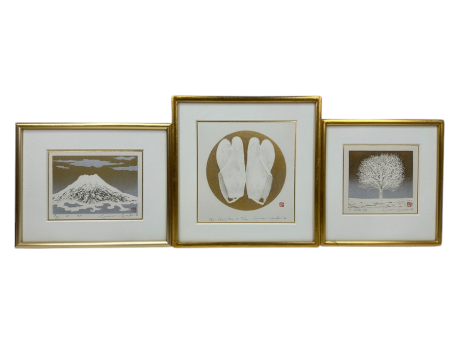 Set Of (3) Framed, Limited-Edition Hand Signed Japanese Woodblock Prints By Artist Kunio Kaneko (b. 1949)
