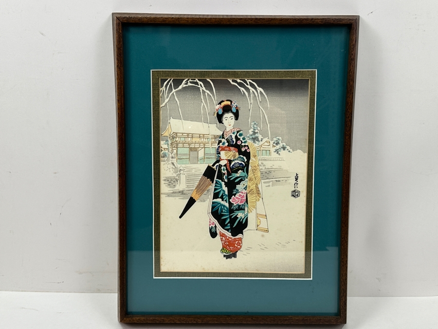 Mid-Century Japanese Woodblock Print Titled 'Maiko In Snow' By Artist Sadanobu Hasegawa III 7.5' X 10' [Photo 2]
