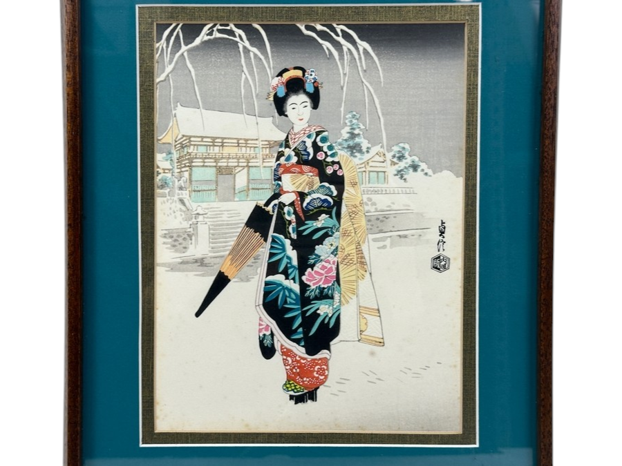 Mid-Century Japanese Woodblock Print Titled 'Maiko In Snow' By Artist Sadanobu Hasegawa III 7.5' X 10'
