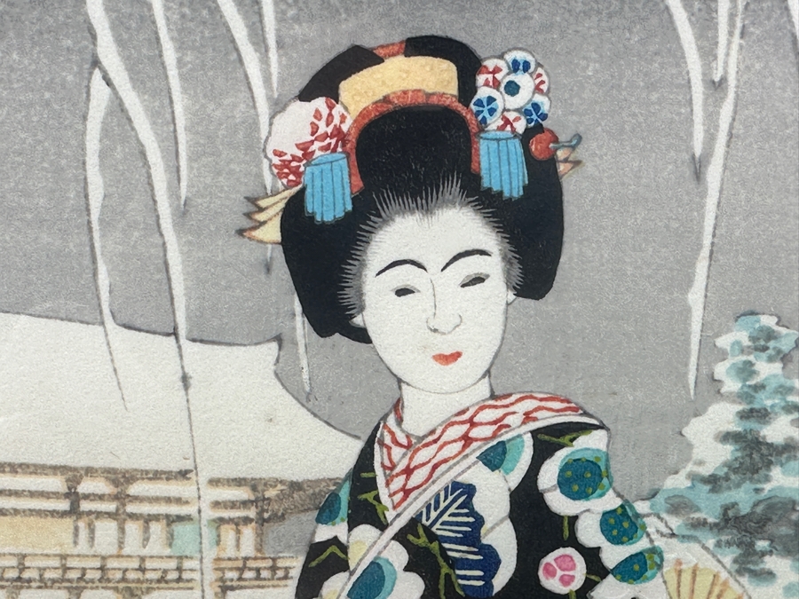 Mid-Century Japanese Woodblock Print Titled 'Maiko In Snow' By Artist Sadanobu Hasegawa III 7.5' X 10' [Photo 3]