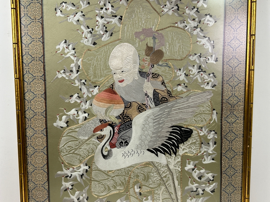 Framed Embroidered Silk Panel Depicting Taoist Immortal ShouXing Surrounded by Cranes 23.5'W x 32'H [Photo 3]