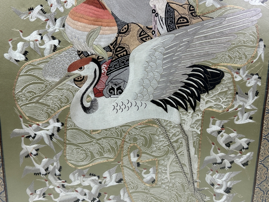 Framed Embroidered Silk Panel Depicting Taoist Immortal ShouXing Surrounded by Cranes 23.5'W x 32'H [Photo 8]