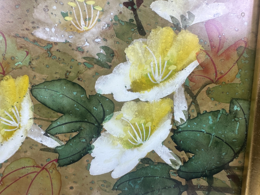 Vintage Asian Original Painting Of Bird and Flowers with Bamboo Frame Signed 10'W x 16'H [Photo 6]