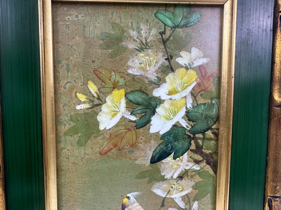 Vintage Asian Original Painting Of Bird and Flowers with Bamboo Frame Signed 10'W x 16'H [Photo 5]