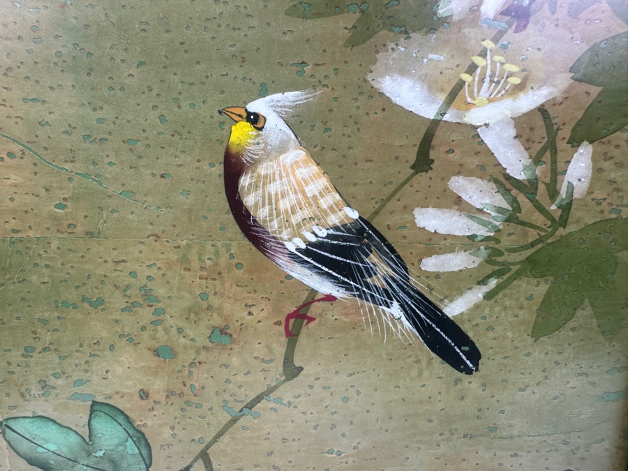 Vintage Asian Original Painting Of Bird and Flowers with Bamboo Frame Signed 10'W x 16'H [Photo 4]