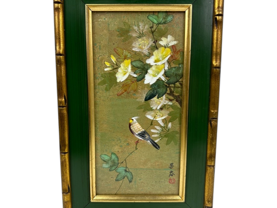 Vintage Asian Original Painting Of Bird and Flowers with Bamboo Frame Signed 10'W x 16'H