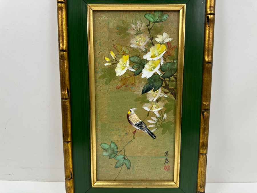 Vintage Asian Original Painting Of Bird and Flowers with Bamboo Frame Signed 10'W x 16'H [Photo 3]