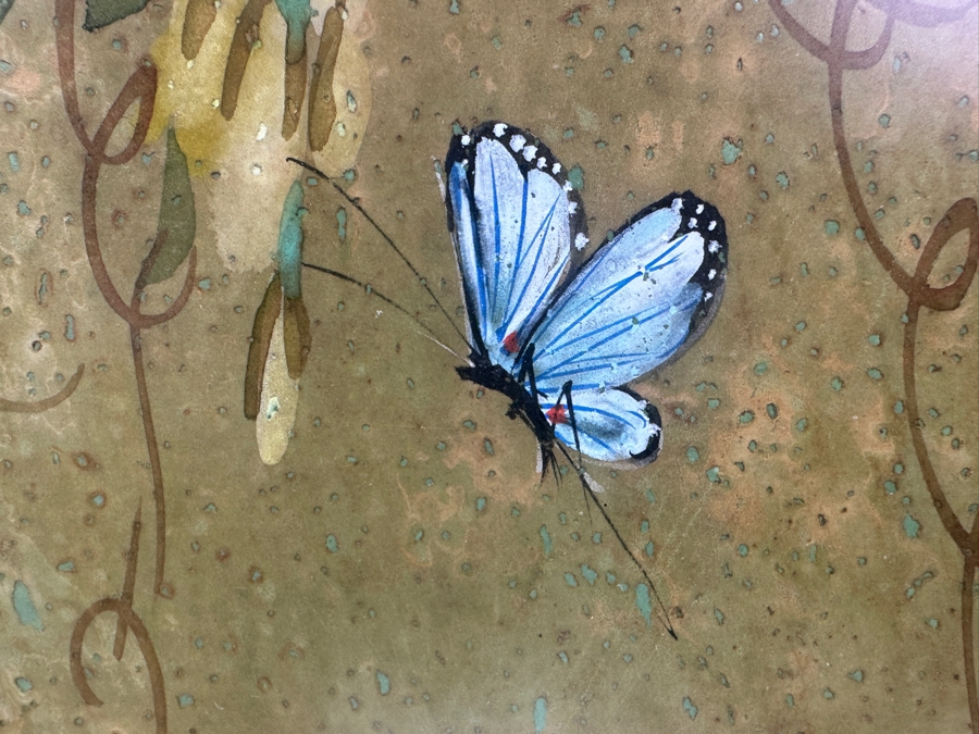 Vintage Asian Original Painting Of White Wisteria Branch and Blue Butterfly with Bamboo Frame Signed 10'W x 16'H [Photo 4]