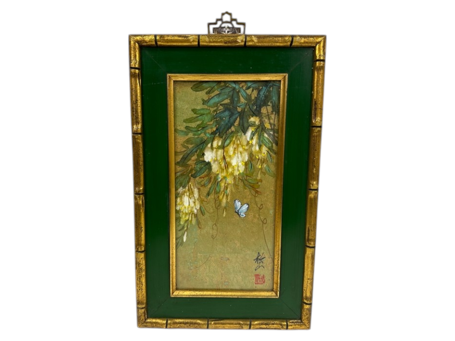 Vintage Asian Original Painting Of White Wisteria Branch and Blue Butterfly with Bamboo Frame Signed 10'W x 16'H [Photo 2]