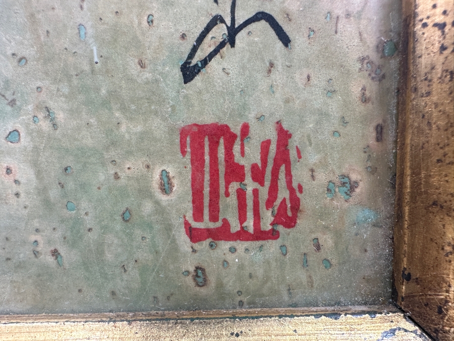 Vintage Asian Original Painting Of White Wisteria Branch and Blue Butterfly with Bamboo Frame Signed 10'W x 16'H [Photo 9]