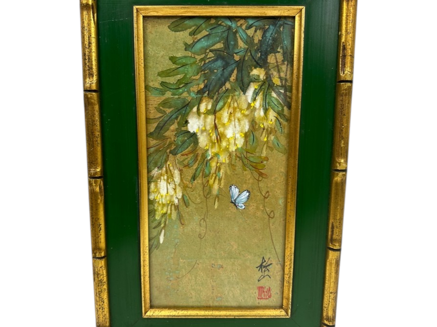 Vintage Asian Original Painting Of White Wisteria Branch and Blue Butterfly with Bamboo Frame Signed 10'W x 16'H