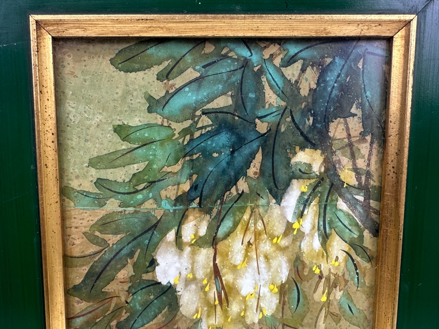 Vintage Asian Original Painting Of White Wisteria Branch and Blue Butterfly with Bamboo Frame Signed 10'W x 16'H [Photo 6]