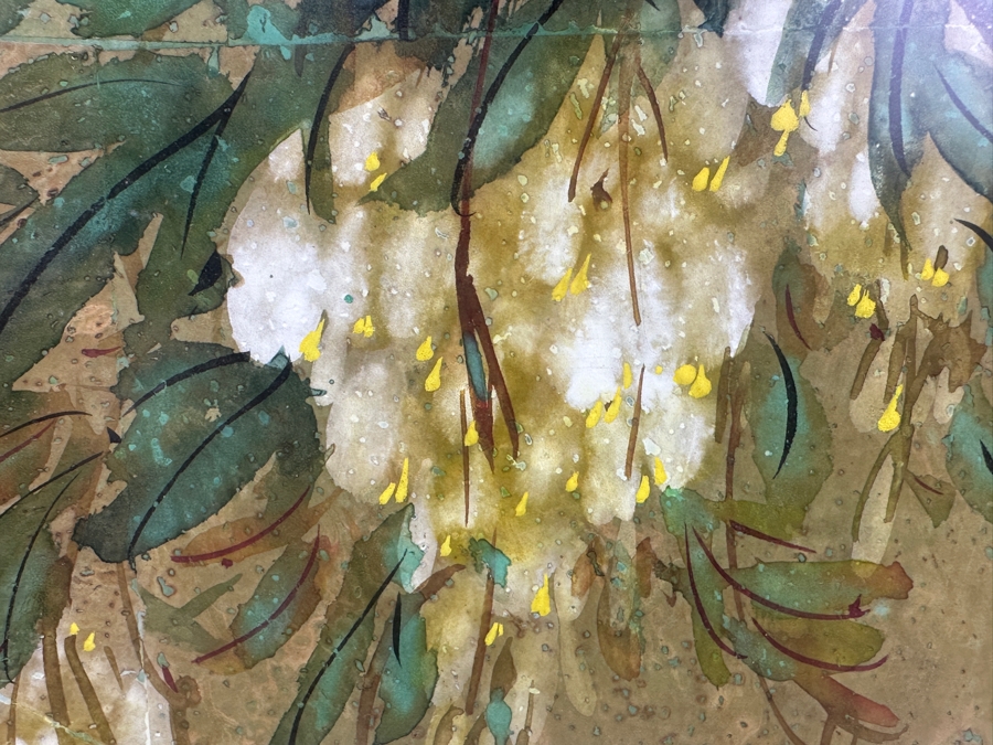 Vintage Asian Original Painting Of White Wisteria Branch and Blue Butterfly with Bamboo Frame Signed 10'W x 16'H [Photo 5]