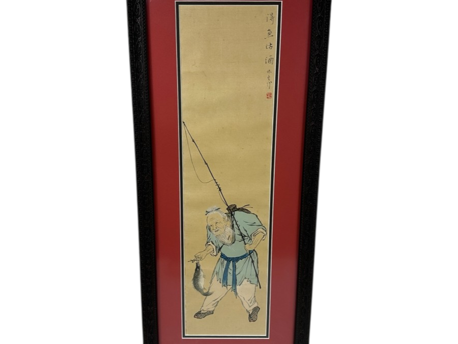 Vintage Asian Scroll Painting / Kakejiku Depicting a Fisherman Framed 14'W x 33'H