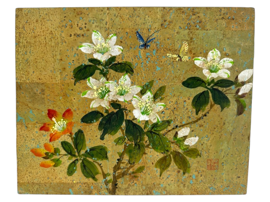 Vintage Original Asian Floral Painting On Wood 10' x 8' 