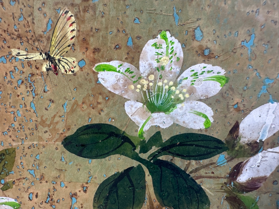 Vintage Original Asian Floral Painting On Wood 10' x 8'  [Photo 5]