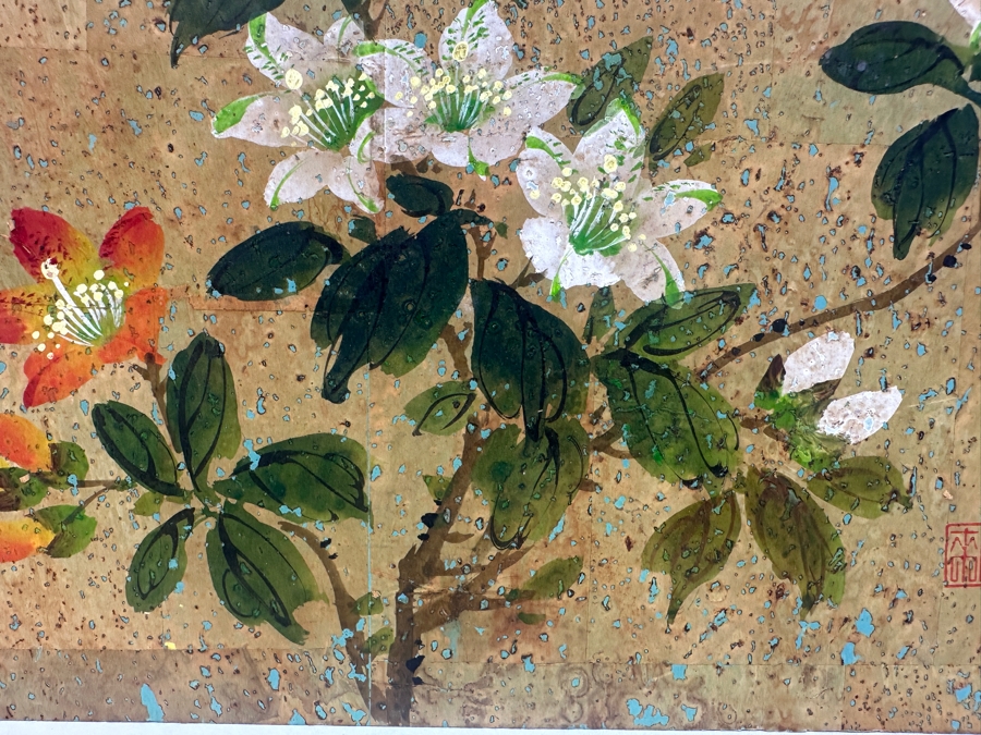 Vintage Original Asian Floral Painting On Wood 10' x 8'  [Photo 7]