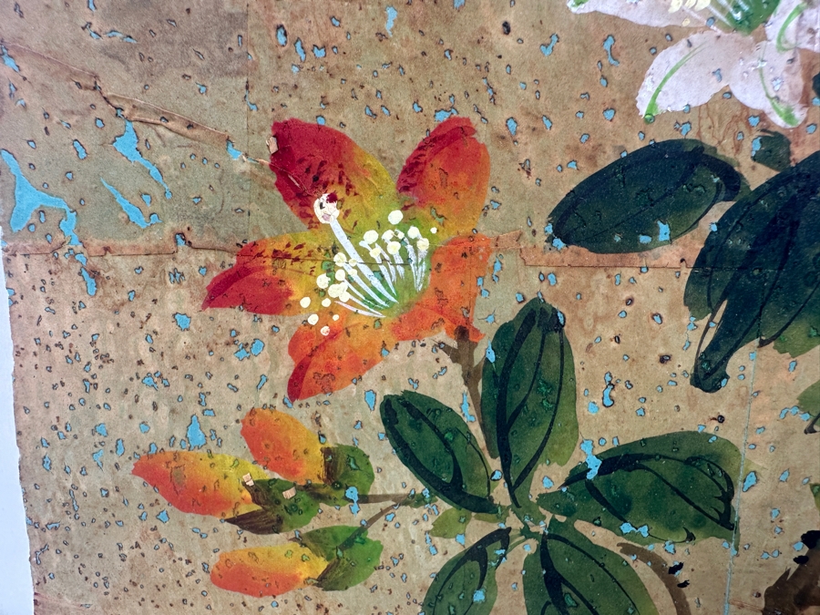 Vintage Original Asian Floral Painting On Wood 10' x 8'  [Photo 6]