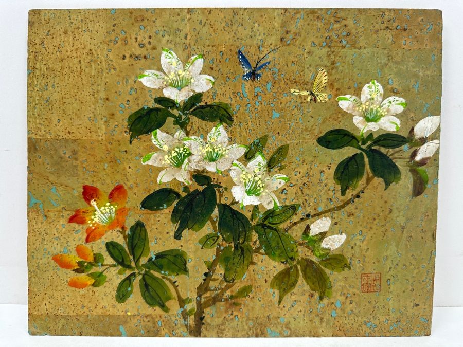 Vintage Original Asian Floral Painting On Wood 10' x 8'  [Photo 2]