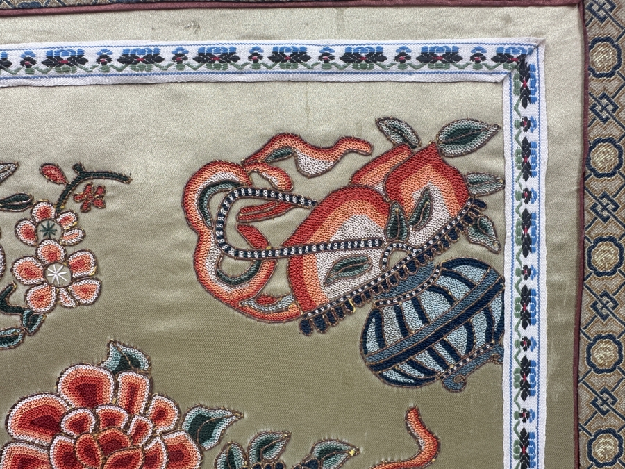 Chinese Silk Embroidery Featuring Floral Designs in Gold Bamboo Frame 15' x 17' [Photo 5]