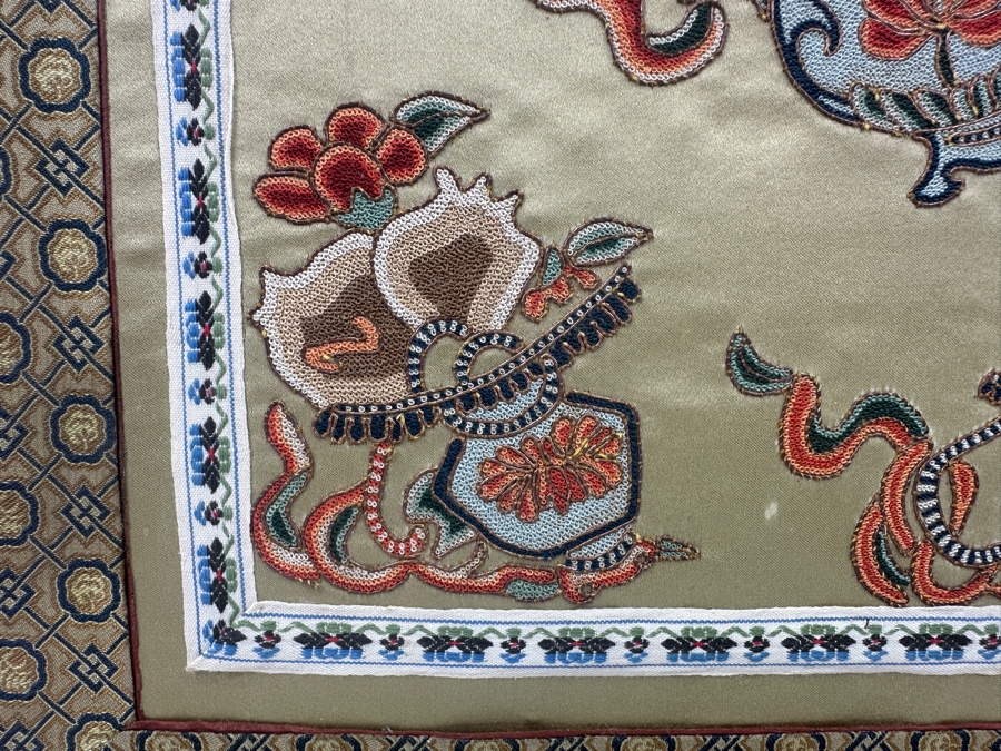 Chinese Silk Embroidery Featuring Floral Designs in Gold Bamboo Frame 15' x 17' [Photo 7]