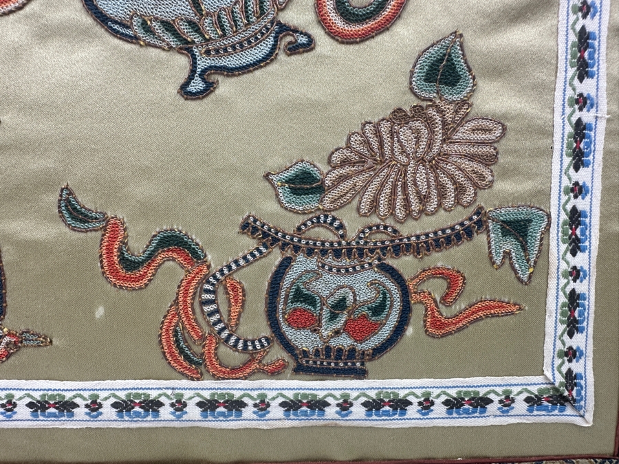 Chinese Silk Embroidery Featuring Floral Designs in Gold Bamboo Frame 15' x 17' [Photo 6]