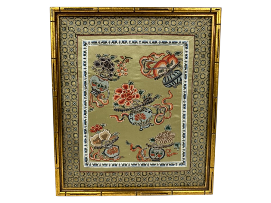 Chinese Silk Embroidery Featuring Floral Designs in Gold Bamboo Frame 15' x 17'