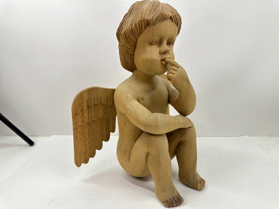Vintage Hand Carved Wooden Cherub Statue 13'W x 16'H [Photo 2]
