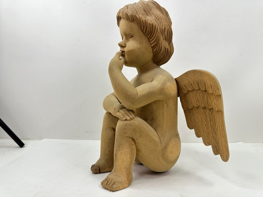 Vintage Hand Carved Wooden Cherub Statue 13'W x 16'H [Photo 4]
