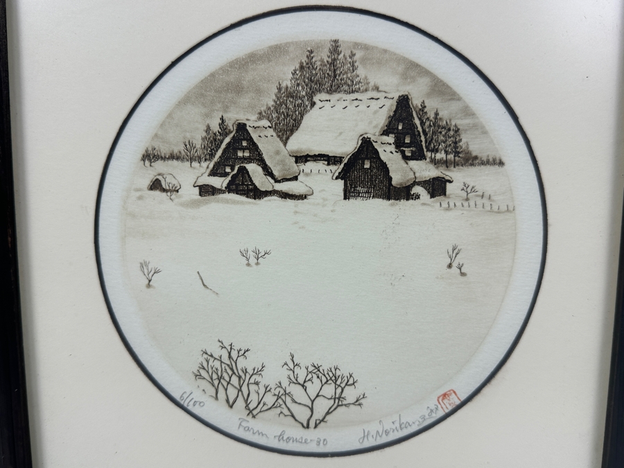 Etching Titled 'Farm House 30' By Japanese Artist Hiroto Norikane (b. 1949) Limited Edition 6/100 8.5'W x 8.5'H