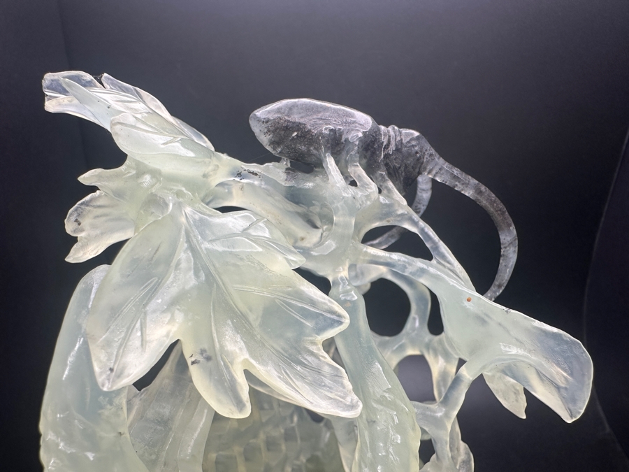 Chinese Carved Jade Sculpture Depicting Birds, Flowers and Bug, on Hand-Carved Wooden Base 7.5'H [Photo 8]