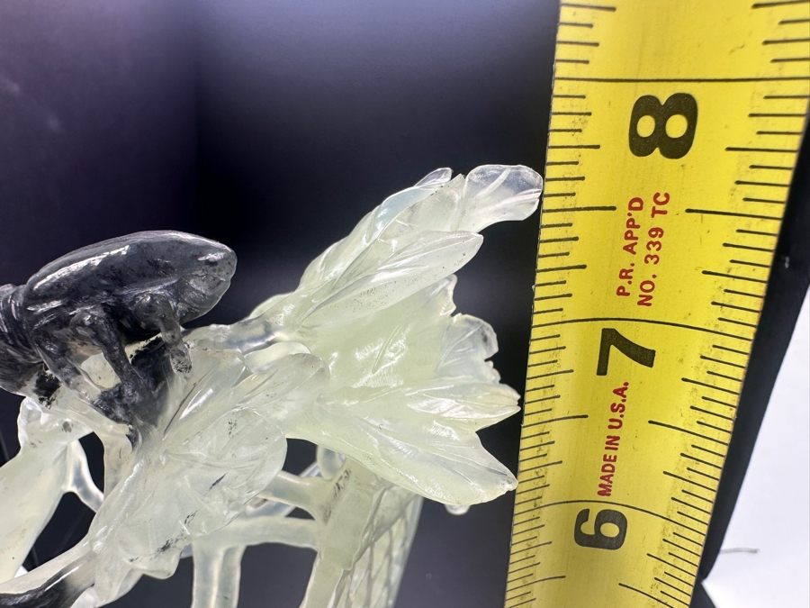 Chinese Carved Jade Sculpture Depicting Birds, Flowers and Bug, on Hand-Carved Wooden Base 7.5'H [Photo 11]